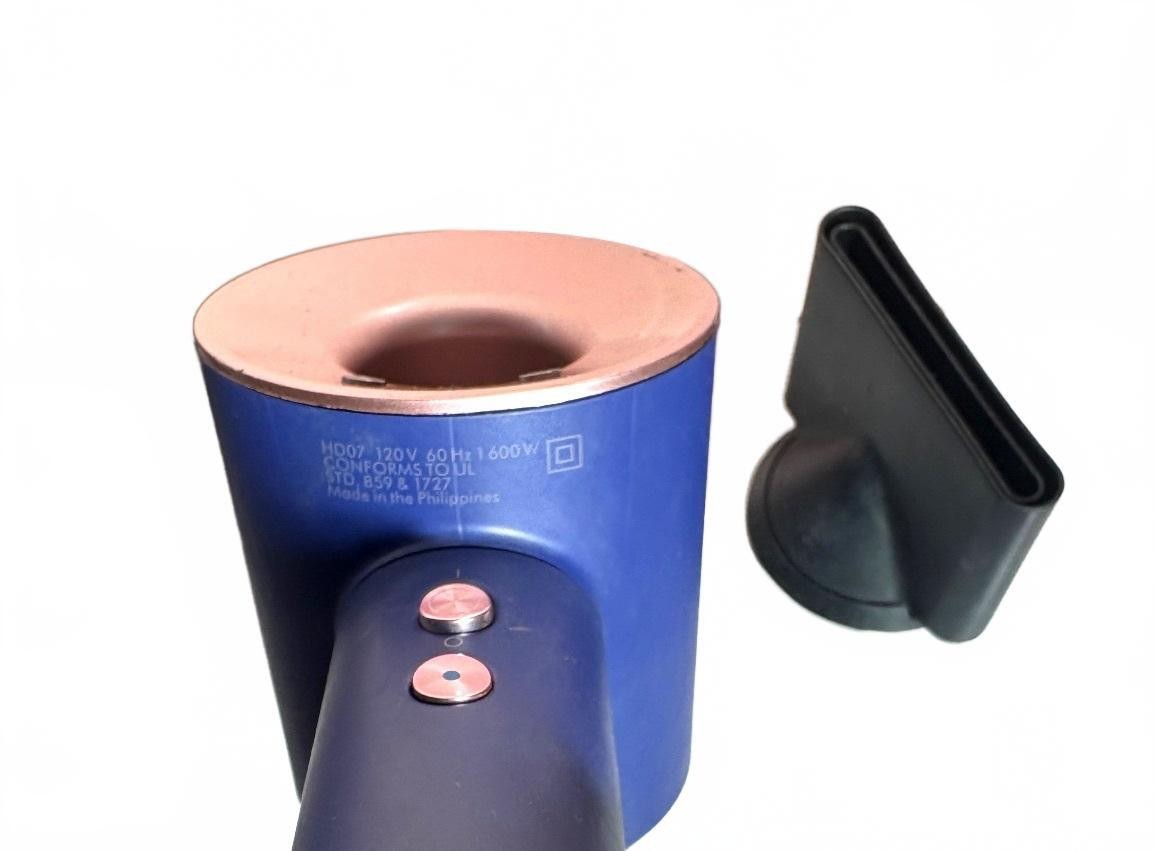 Blue and Rose Gold Dyson Hair Dryer with Concentrator Nozzle