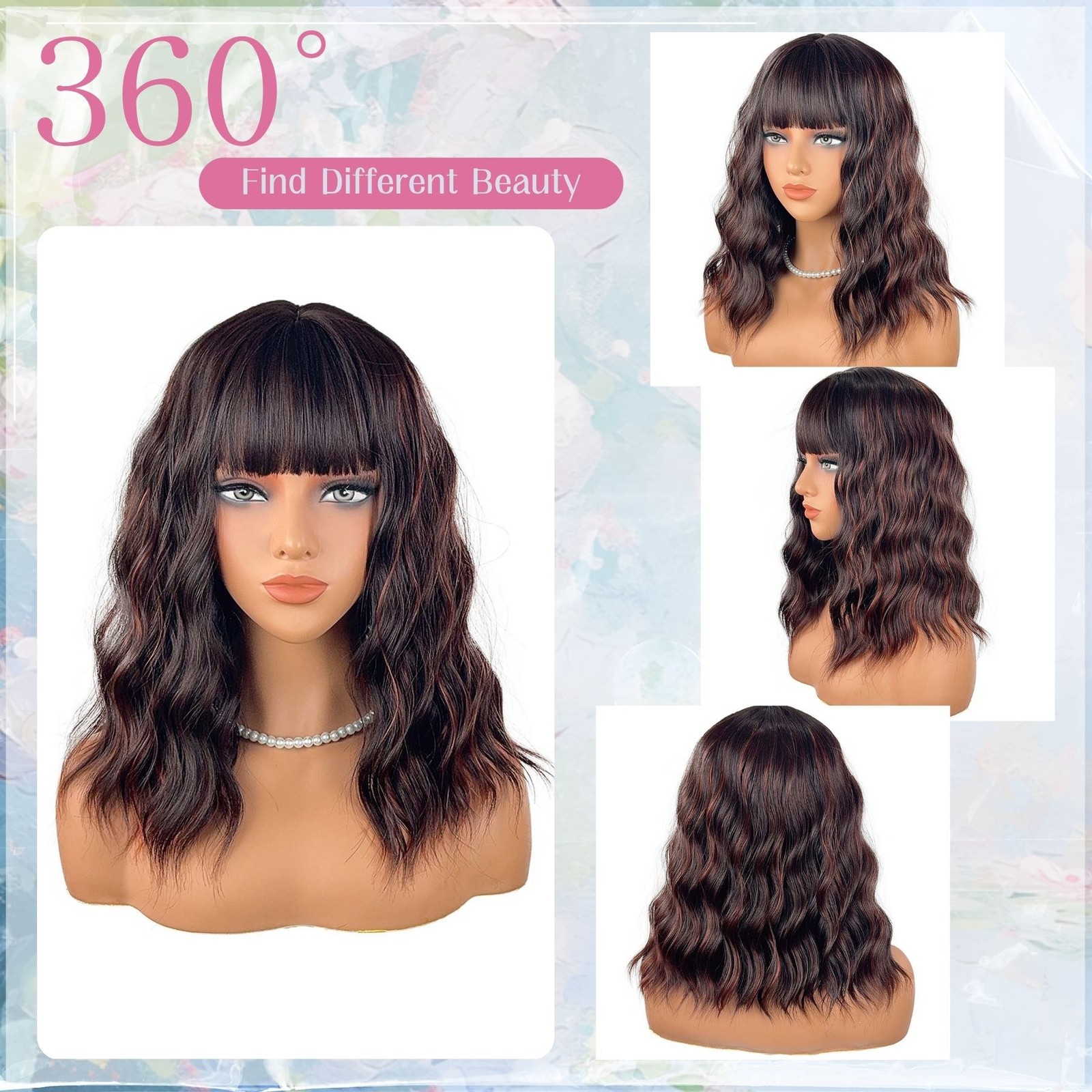 New Fashion Heat Resistant Fiber Bang Curly Short Bob Synthetic Wig Natural