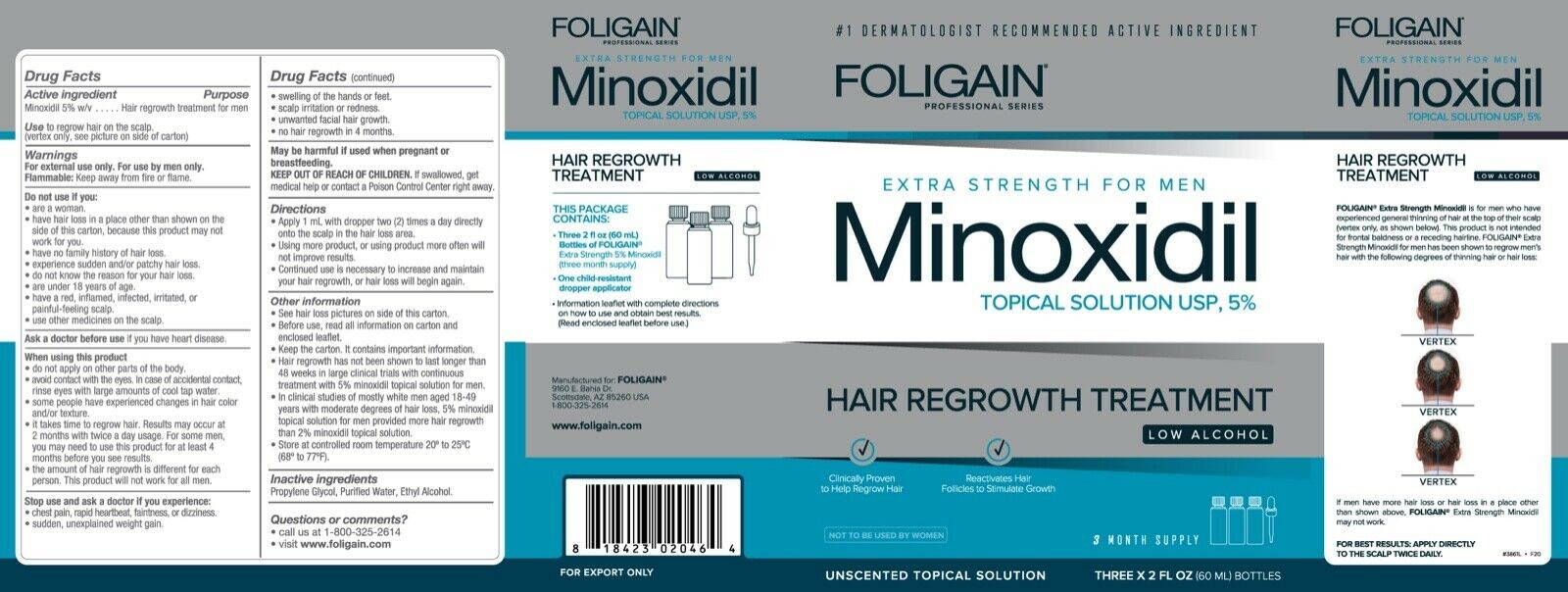 Foligain Low Alcohol 5% Hair Regrowth Treatment for Men -3 Month Supply 180 ml