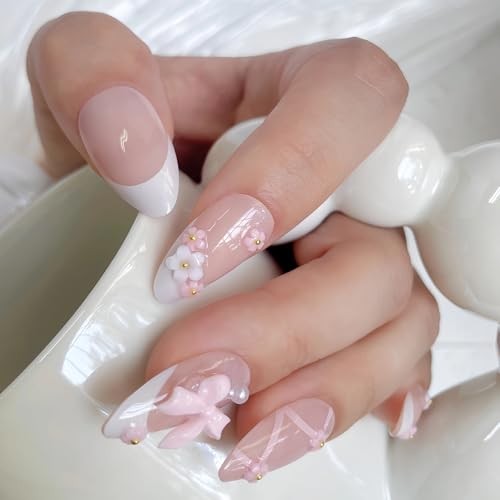 Coquette Bow Press-On Nails, 24pcs Blush Pink French Tip Almond Ballet Blush