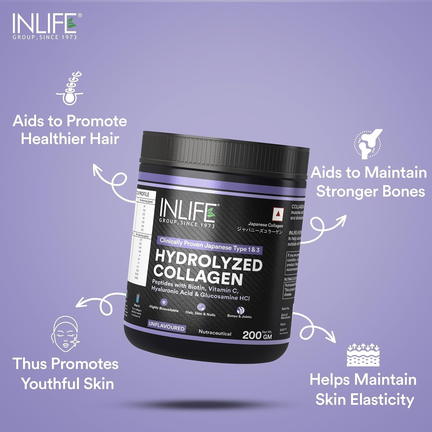 IN.LIFE Hydrolyzed Collagen Peptides Powder 200g Type 1 & 3 Skin Hair
