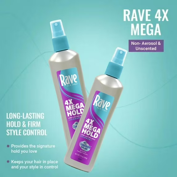 (4 pack) Rave 4X Mega Hold Non-Aerosol Hair Spray, All-Weather Protection with V