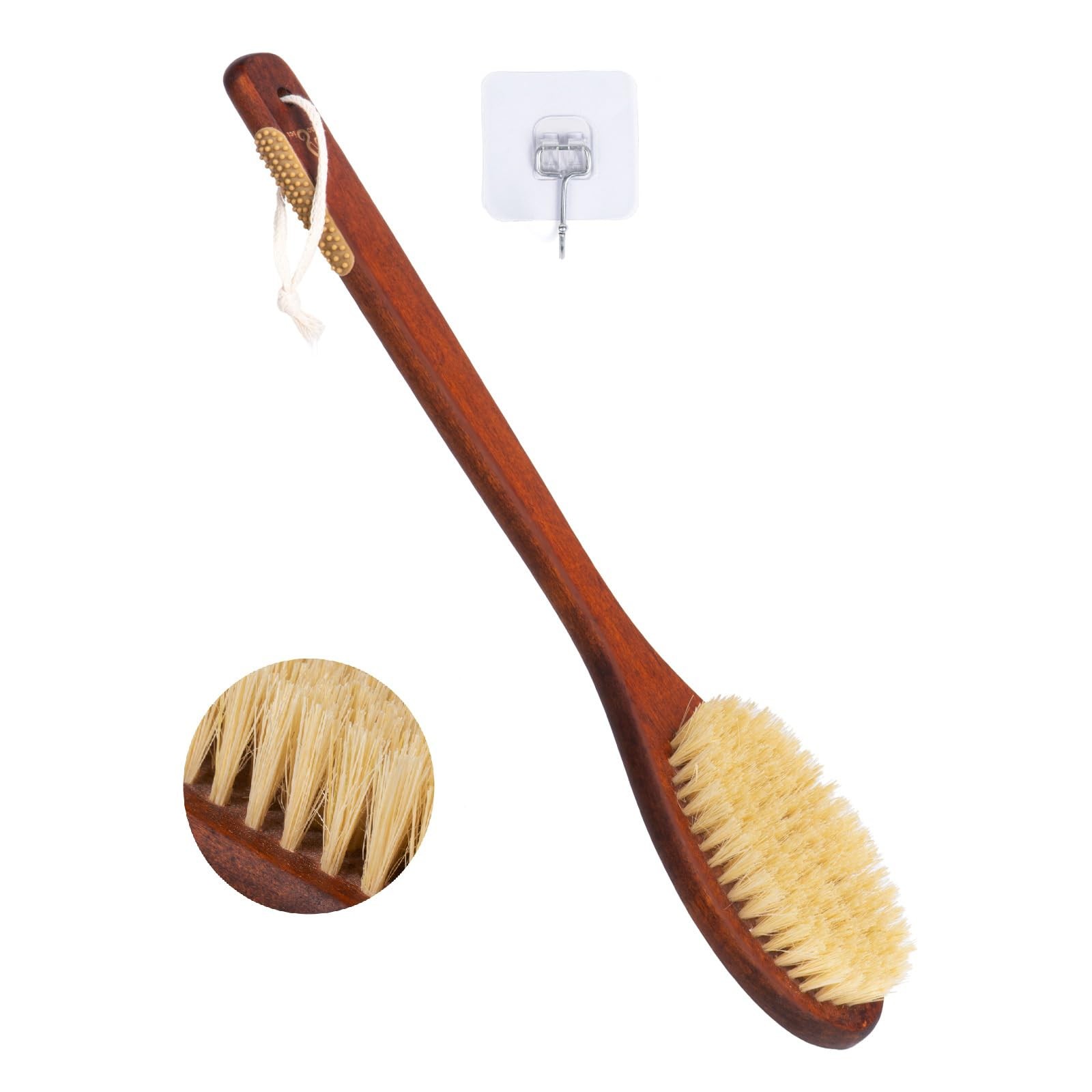 Wooden Bath Brush with Stiff Sisal Bristles Long Handle for Hair