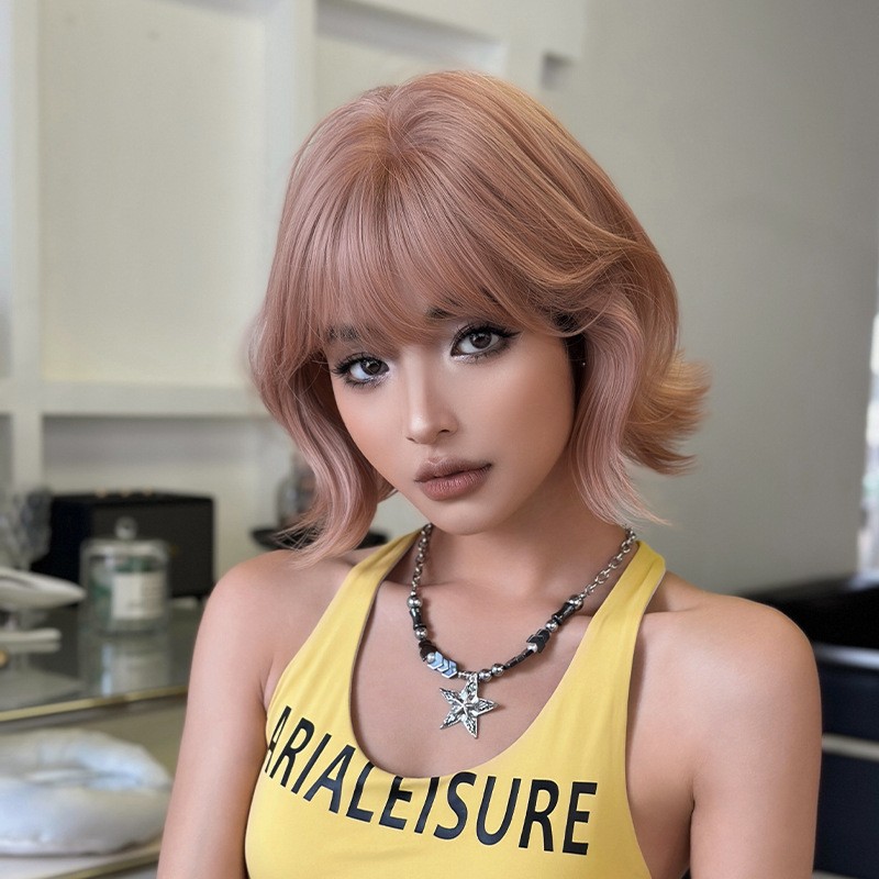 Short Curly Orange Pink Synthetic Full Wig High Temperature Fiber Natural