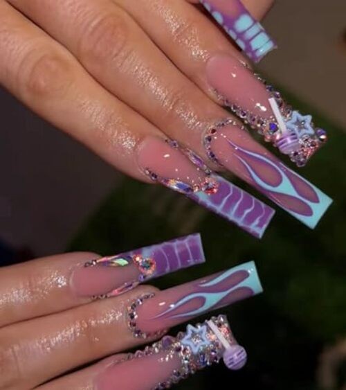 Press on Nails Extra Long – Square Press On Nails with 3D 19-Purple Lollipops