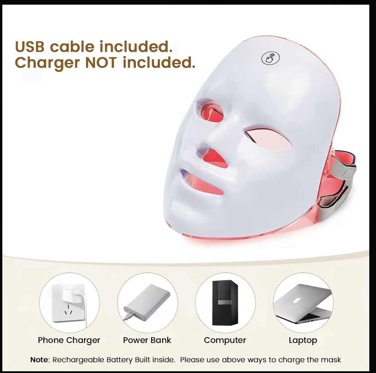 7-Setting LED Red Light Therapy Face Mask, Adjustable, Timer, Rechargeable USB