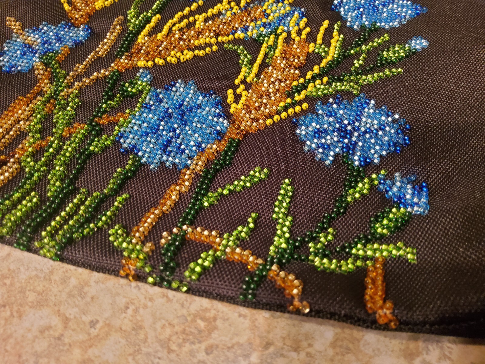 Cosmetic bag embroidered with beads, floral design Ukraine