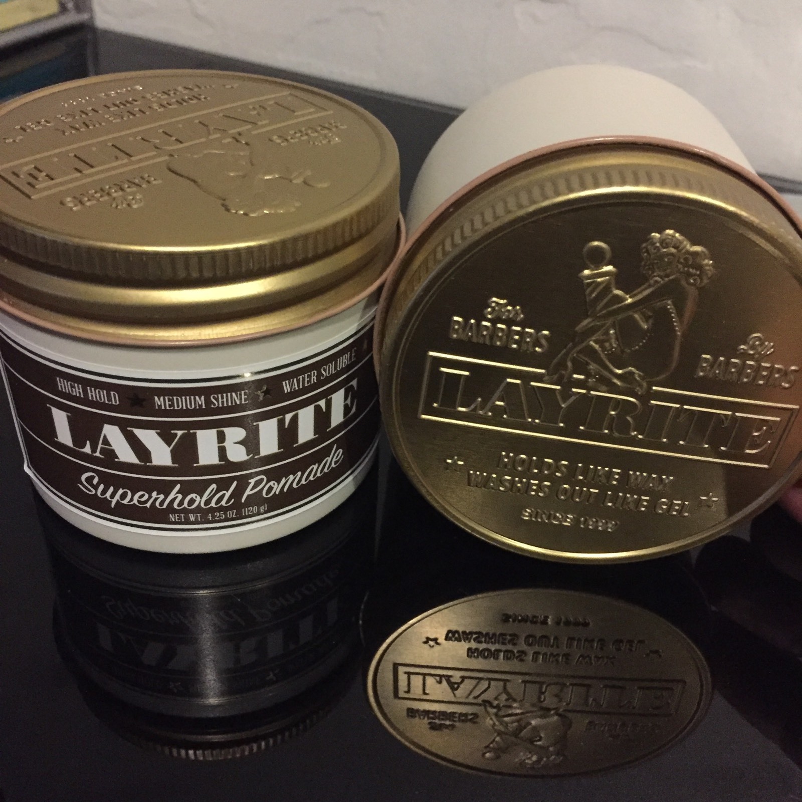 Two(2) new 4.25 oz can jars of Layrite Super Hold Pomade (brown color)