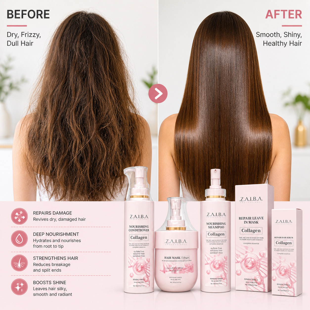 ZAIBA Collagen Hair Repair Set Shampoo Conditioner Hair Mask Serum 5PCS Set