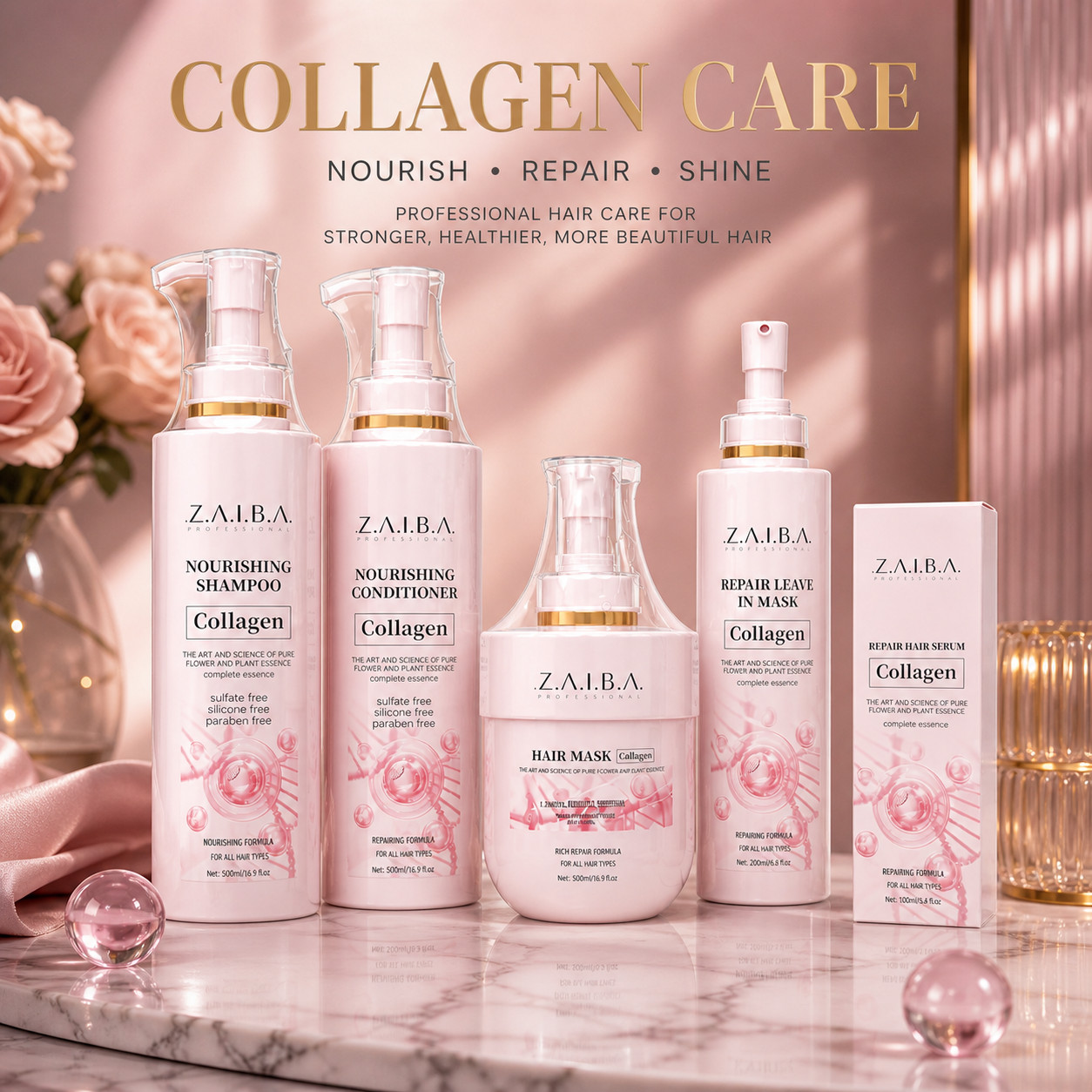 ZAIBA Collagen Hair Repair Set Shampoo Conditioner Hair Mask Serum 5PCS Set