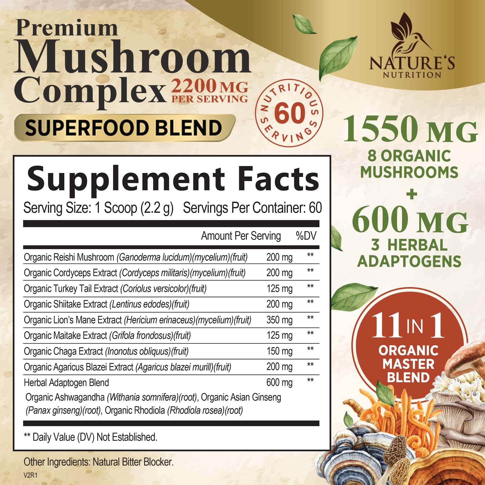 Organic Mushroom Supplement Powder – 11 in 1 Complex Nootropic & Adaptogens