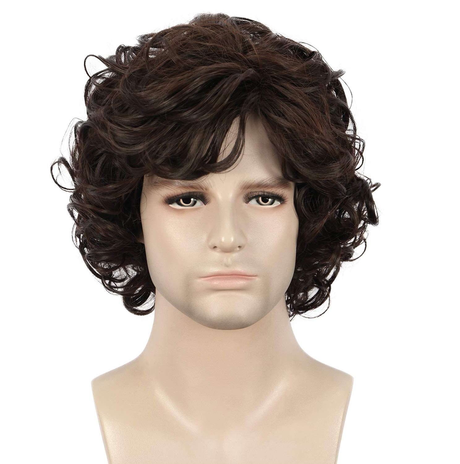 Men Brown Short Curly Wig Fluffy Synthetic Fiber Hair Wigs for Men Daily Wig US