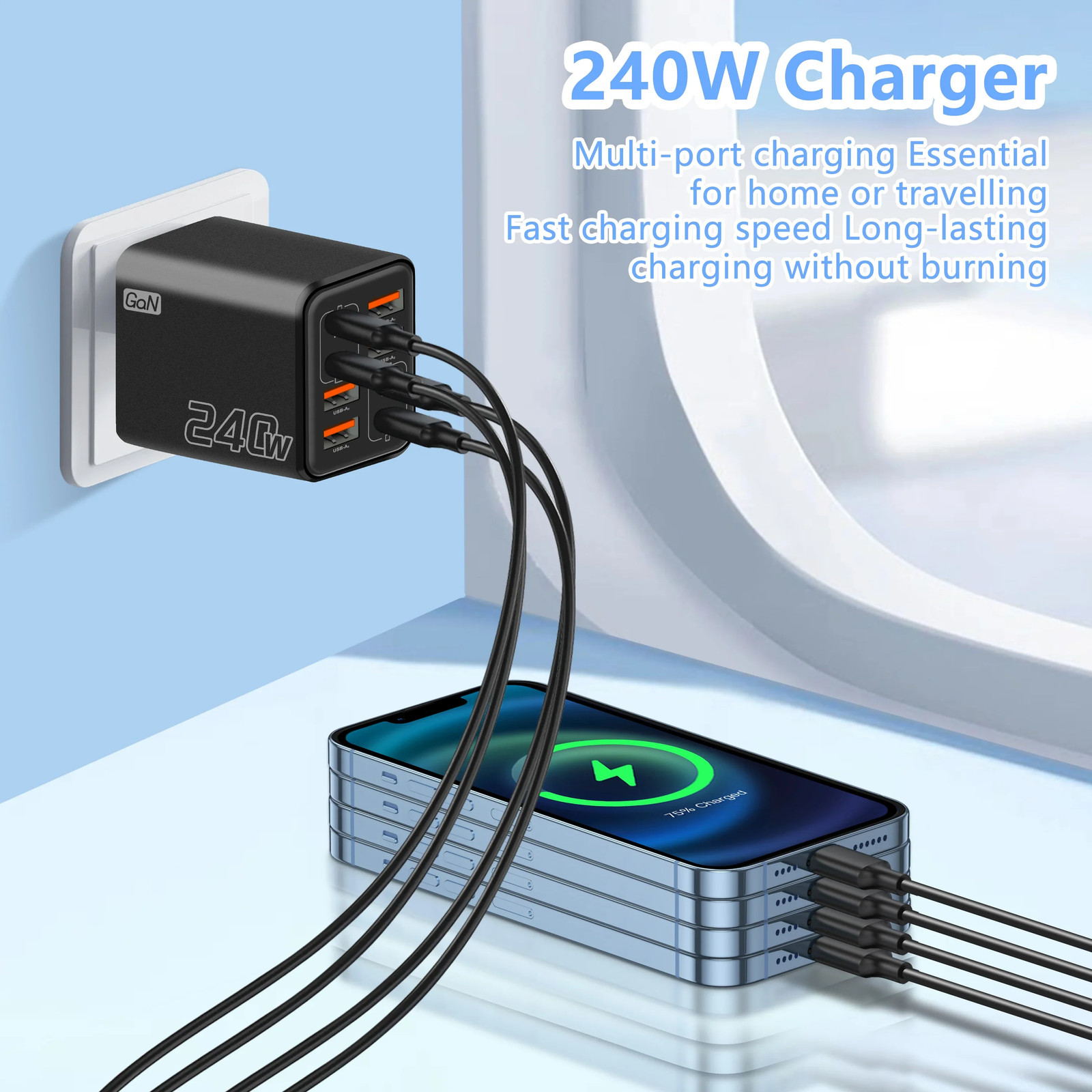 240W GaN USB C Charger 8 in 1 Fast Charging Phone Charger Power Adapter For