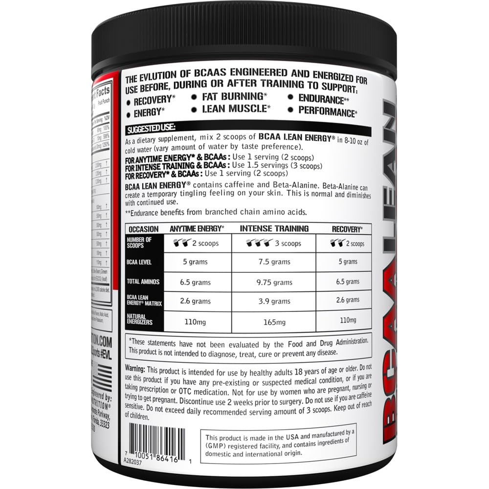 EVL BCAA Lean Energy Powder – Pre Workout 11.3 Ounce (Pack of 1), Fruit Punch