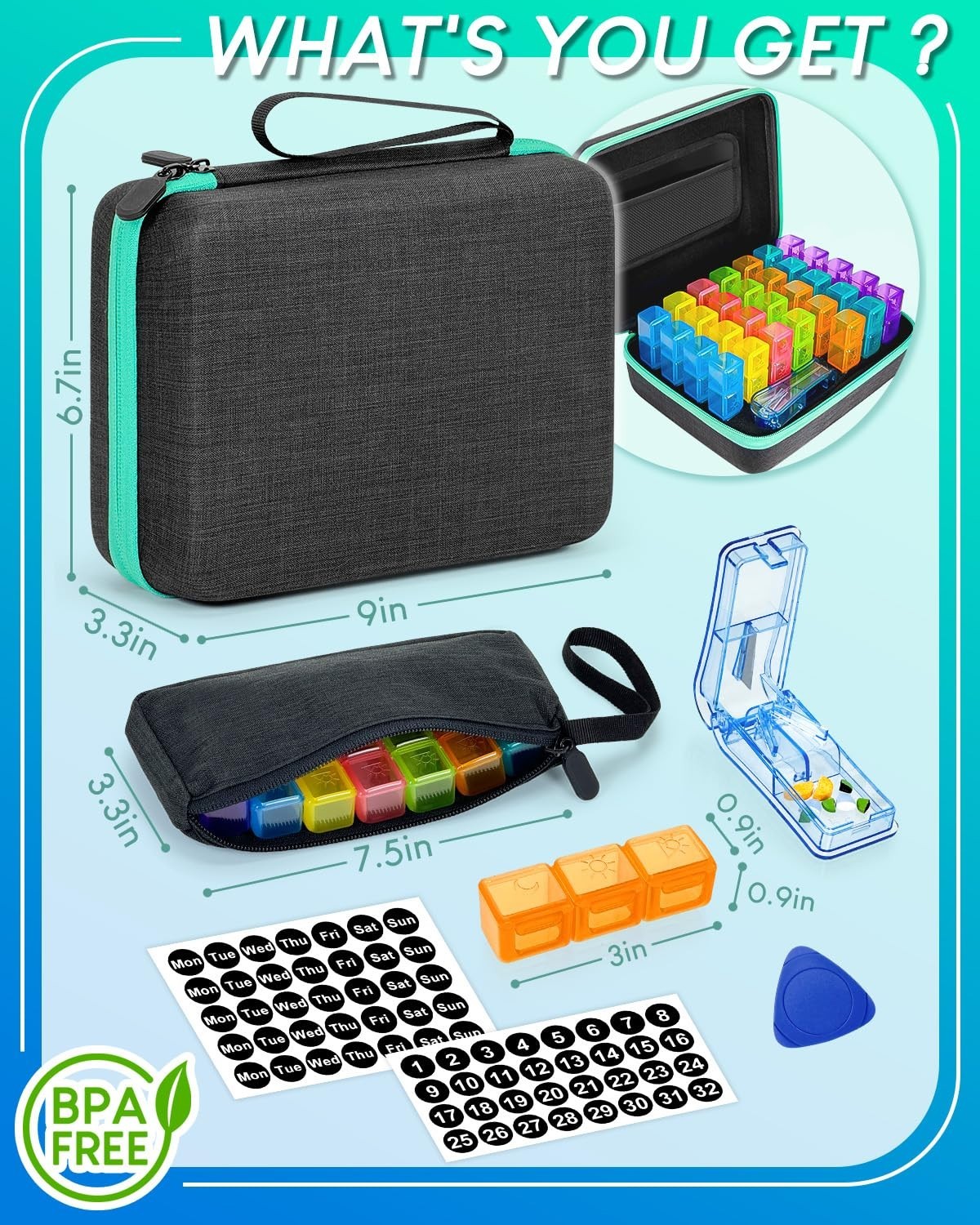 31-Day Pill Organizer with Cutter & Stickers, 3x Daily Medication Management, Po