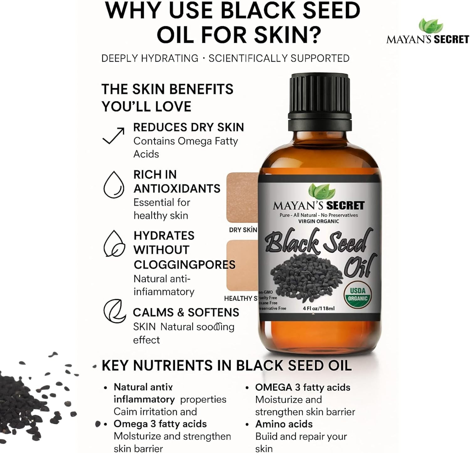 100% Pure Virgin CERTIFED Organic Black Seed Oil Edible Cold Pressed Cumin 4oz