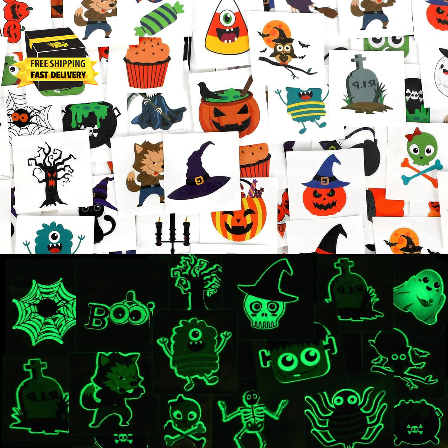 Halloween Temporary Tattoos for Kids, 180 Pcs 1.6 Inch Glow in Dark Bulk Tattoos