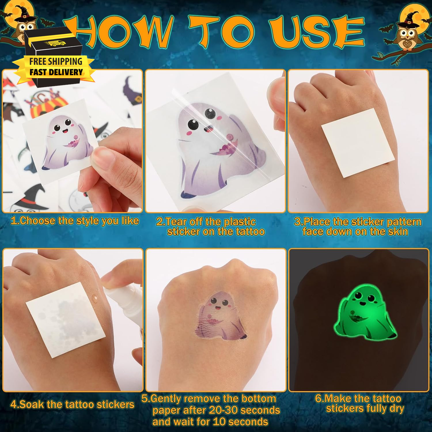 Halloween Temporary Tattoos for Kids, 180 Pcs 1.6 Inch Glow in Dark Bulk Tattoos
