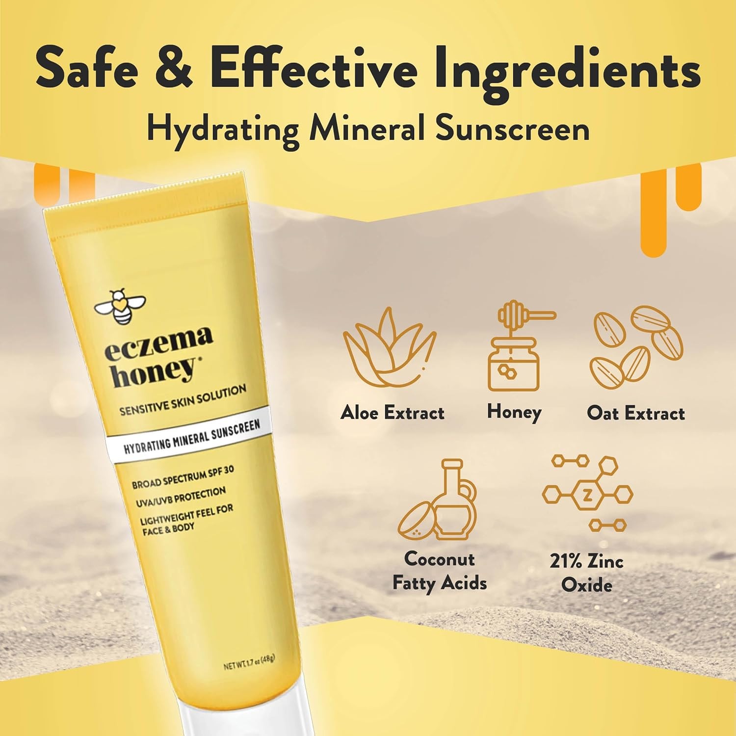 Eczema Honey Hydrating Mineral Lightweight Sunscreen UVA UVB SPF30 All Age 1.7oz