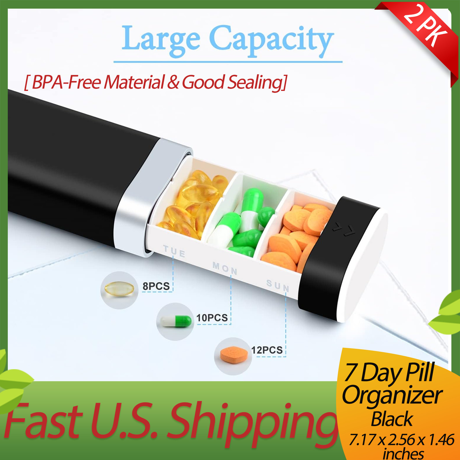 2 PK GREENCYCLE Weekly Pill Organizer 7 Day,Removable Comparments Daily Pill Box