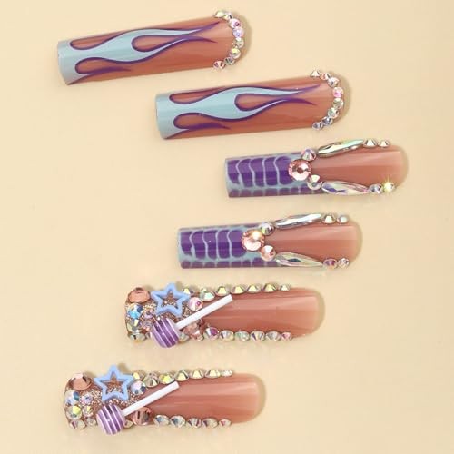 Press on Nails Extra Long – Square Press On Nails with 3D 19-Purple Lollipops