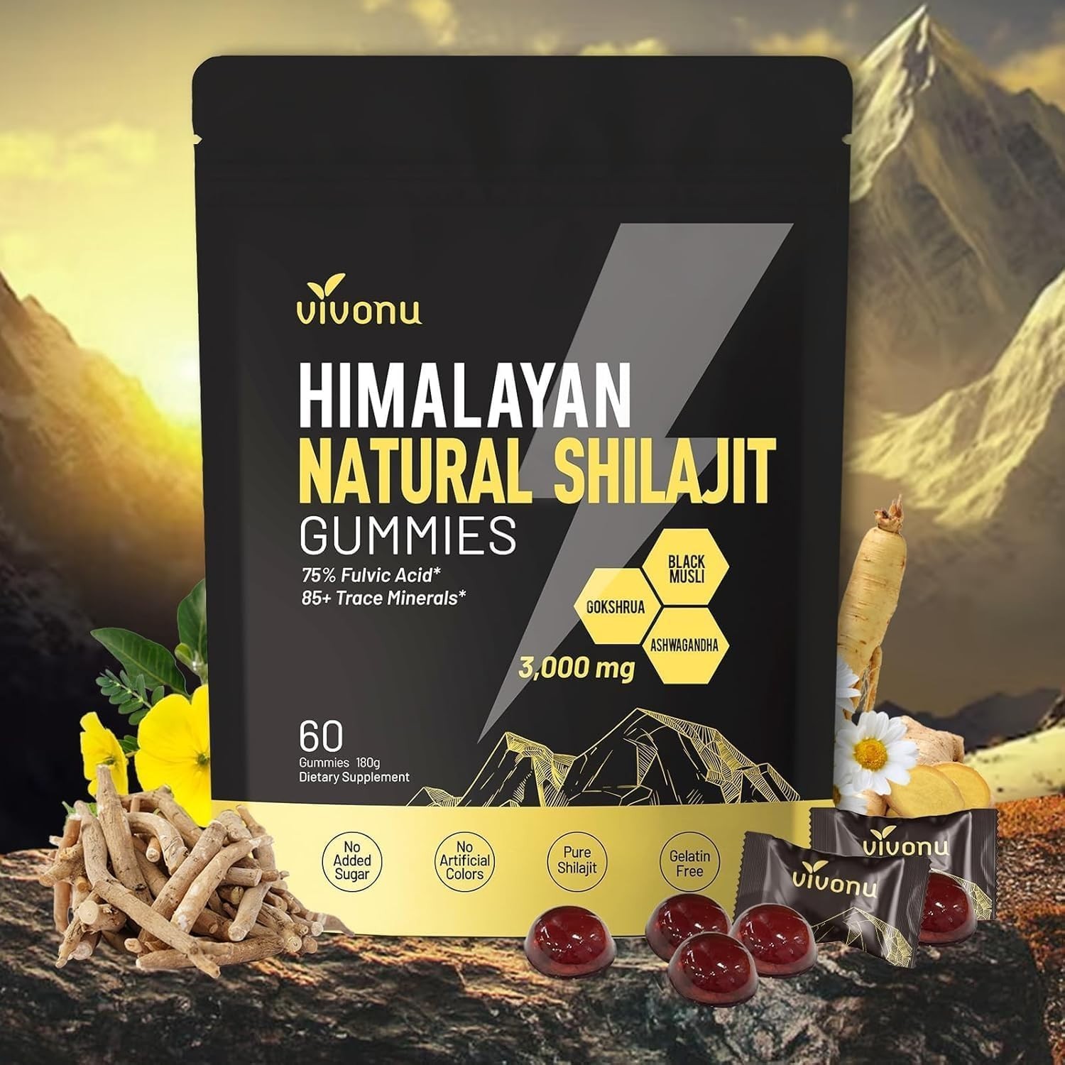 Himalayan Shilajit Gummies 3000mg, Ashwagandha, Fulvic Acid, 60 Count