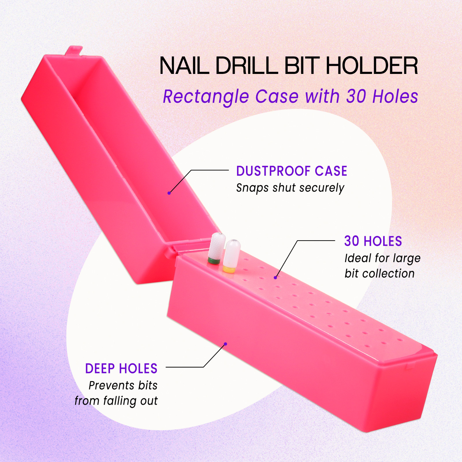 PANA 30 Holes Pink Nail Drill Bits Display Holder – Dust Proof Organizer