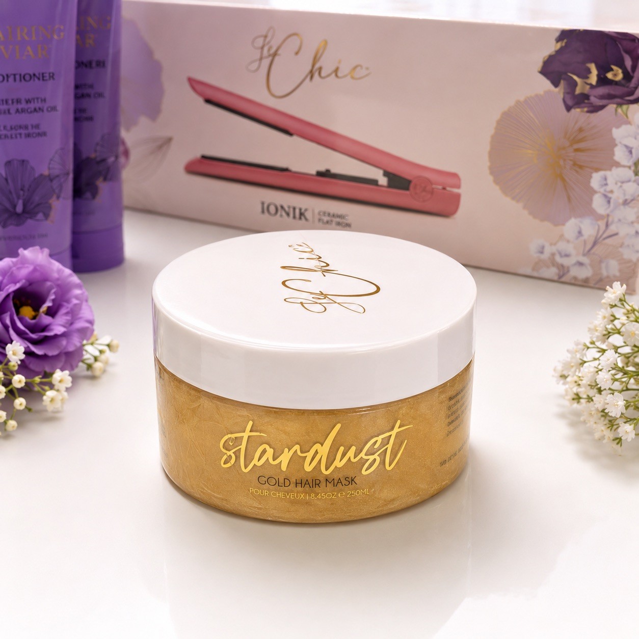 Le Chic Ionik Ceramic Flat Iron + Caviar Shampoo Conditioner Hair Mask Set