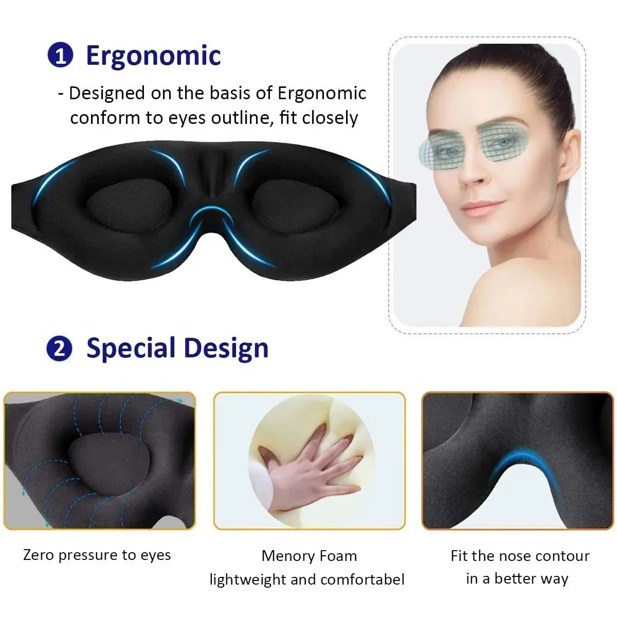 3D Sleep Mask Contoured Cup Blindfold Concave Molded Night Eye Mask Block Out Li