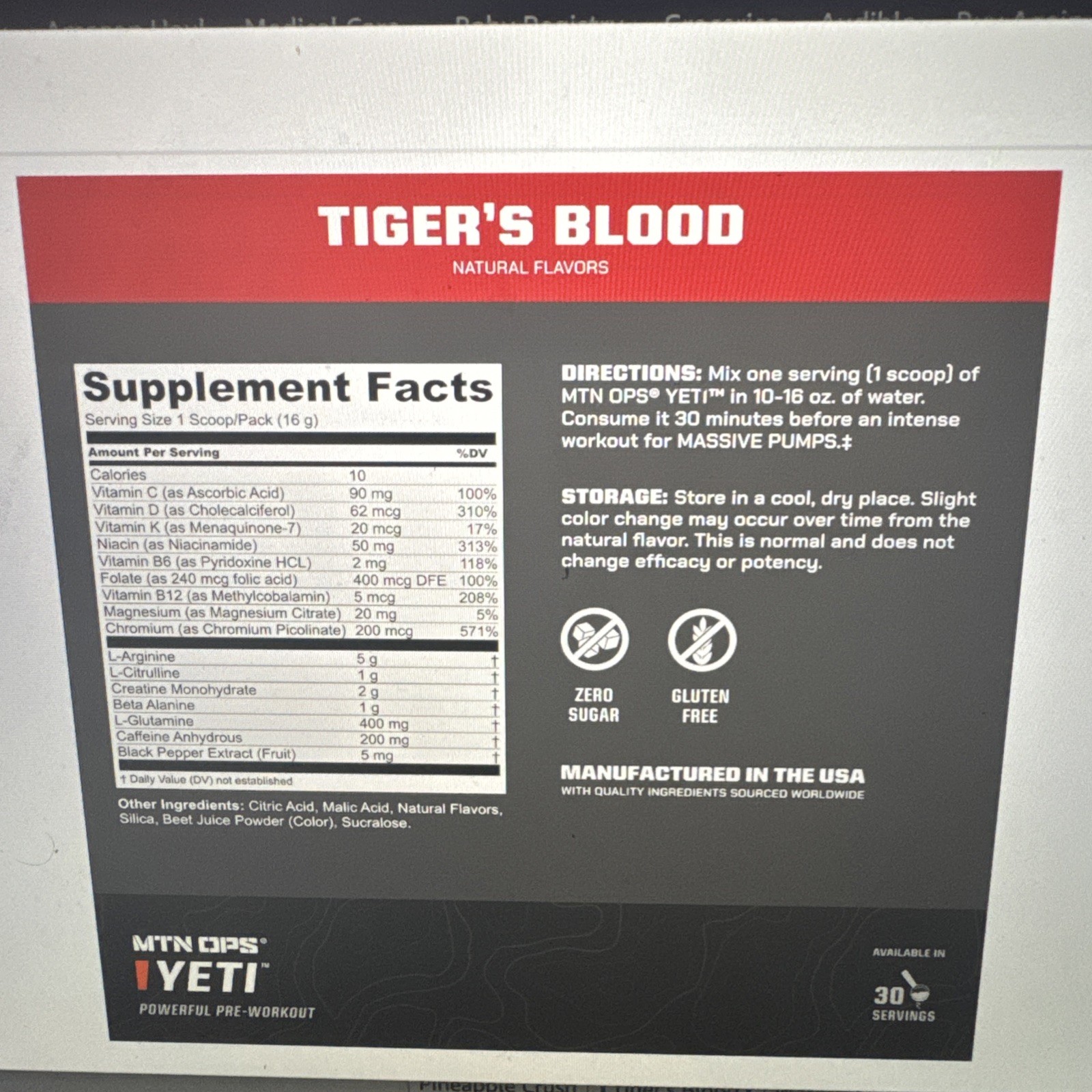 MTN OPS Yeti Pre Workout Powder Creatine 200mg Caffeine Tigers Blood 11.2oz