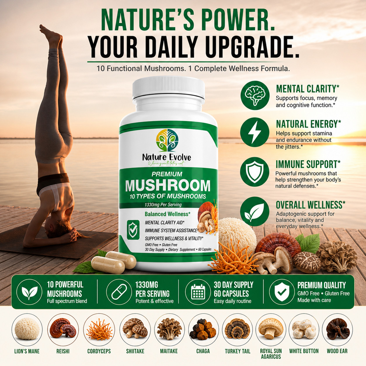 Nature Evolve Premium 10 Functional Mushrooms Complex 1330mg Made In US