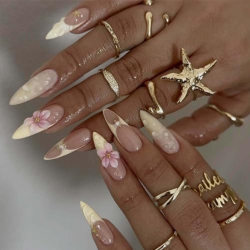 French Tips Press on Nails Medium Almond Fake Nails with 5D Flower Color30