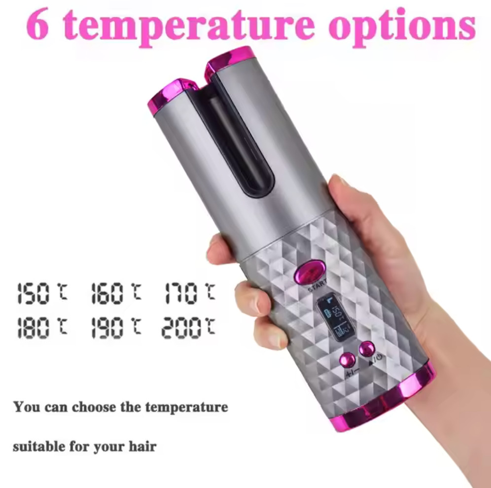 Cordless Auto Hair Curler Ceramic Rotating 6 Temps Rechargeable Travel Curling I
