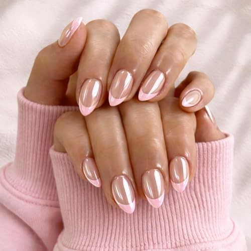Chrome French Tip Press On Nails Short Almond, 30 Pcs Glazed Baby french pink