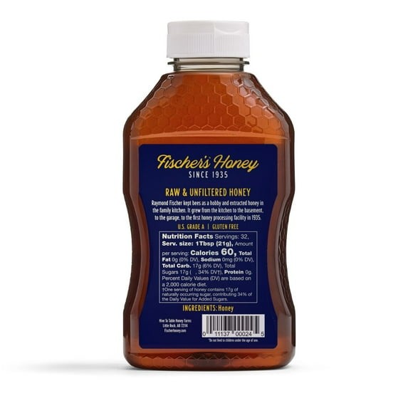 Fischers Honey, 24oz Raw and Unfiltered, Local 100% US Grade Squeeze Bottle New.