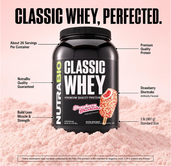 NutraBio Classic Whey Protein Powder, Strawberry Shortcake, 2 lb, 25g Protein