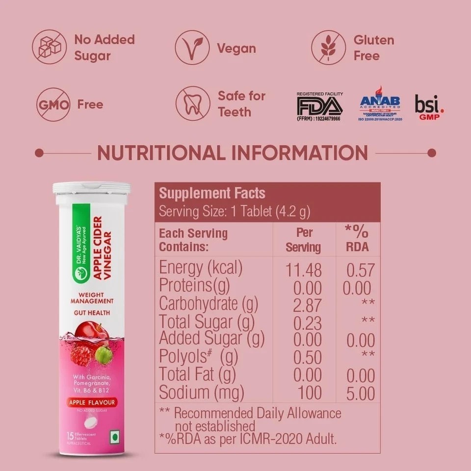 Dr. Vaidya’s Apple Cider Vinegar Effervescent Tablet with 60 Tablets, Pack of 4