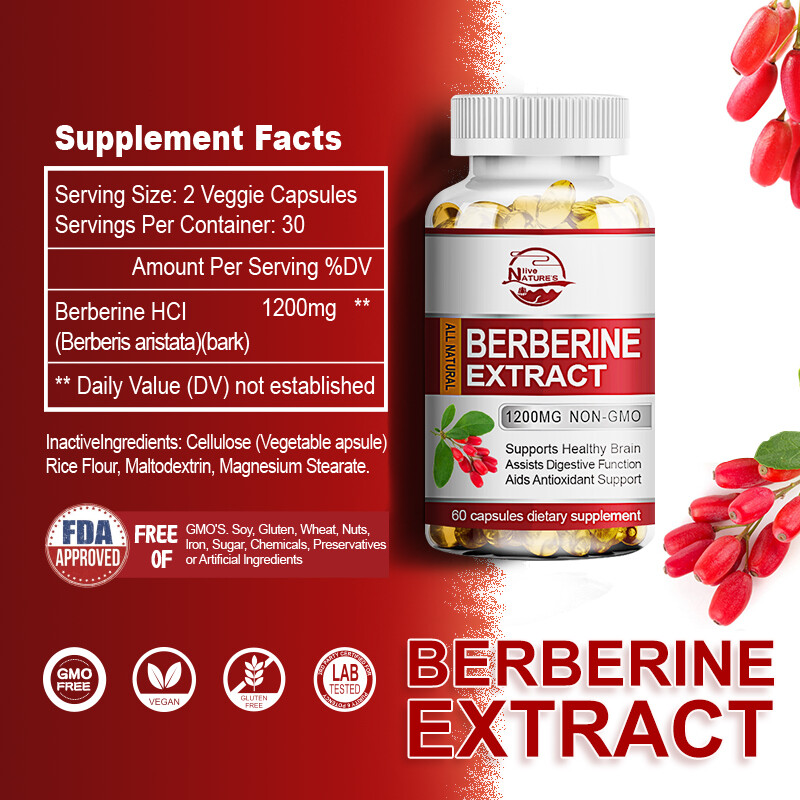 Qty60/120 Berberine HCL Supplement 1200mg Cardiovascular & Blood Sugar Support