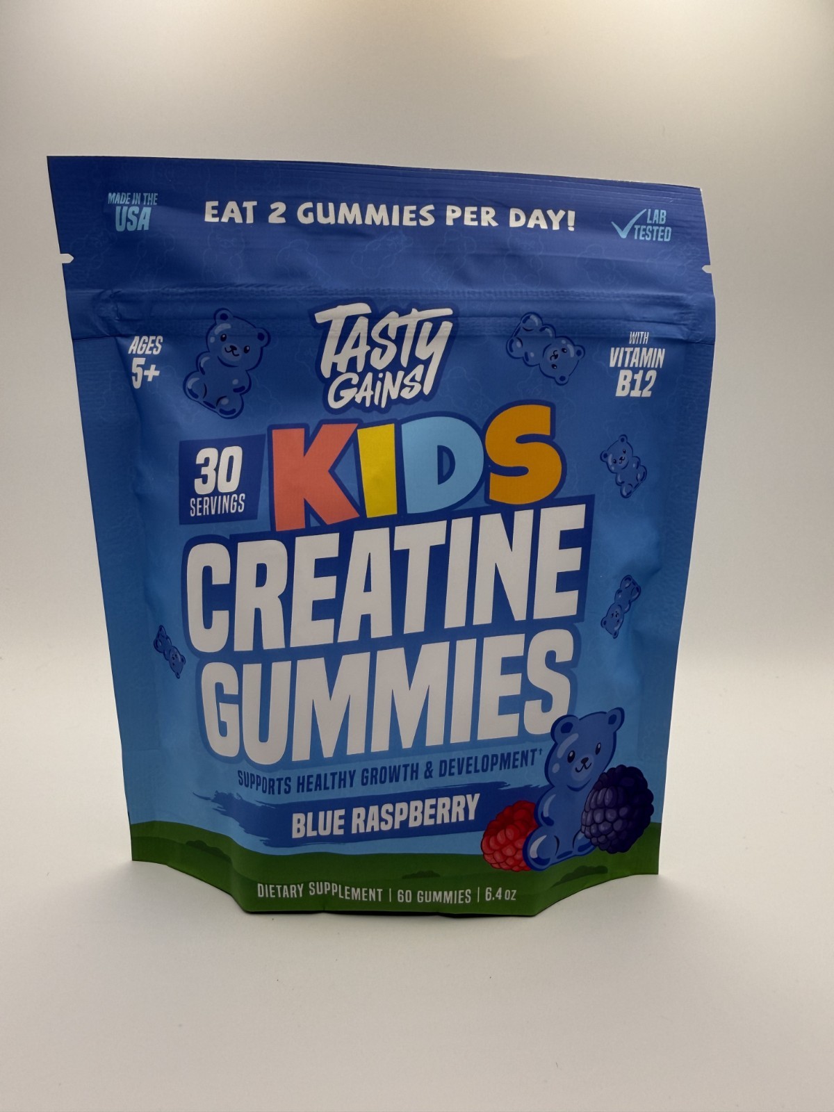 TASTY GAINS Kids Creatine Gummies Supplement Blue Raspberry 60 Count – Brand New