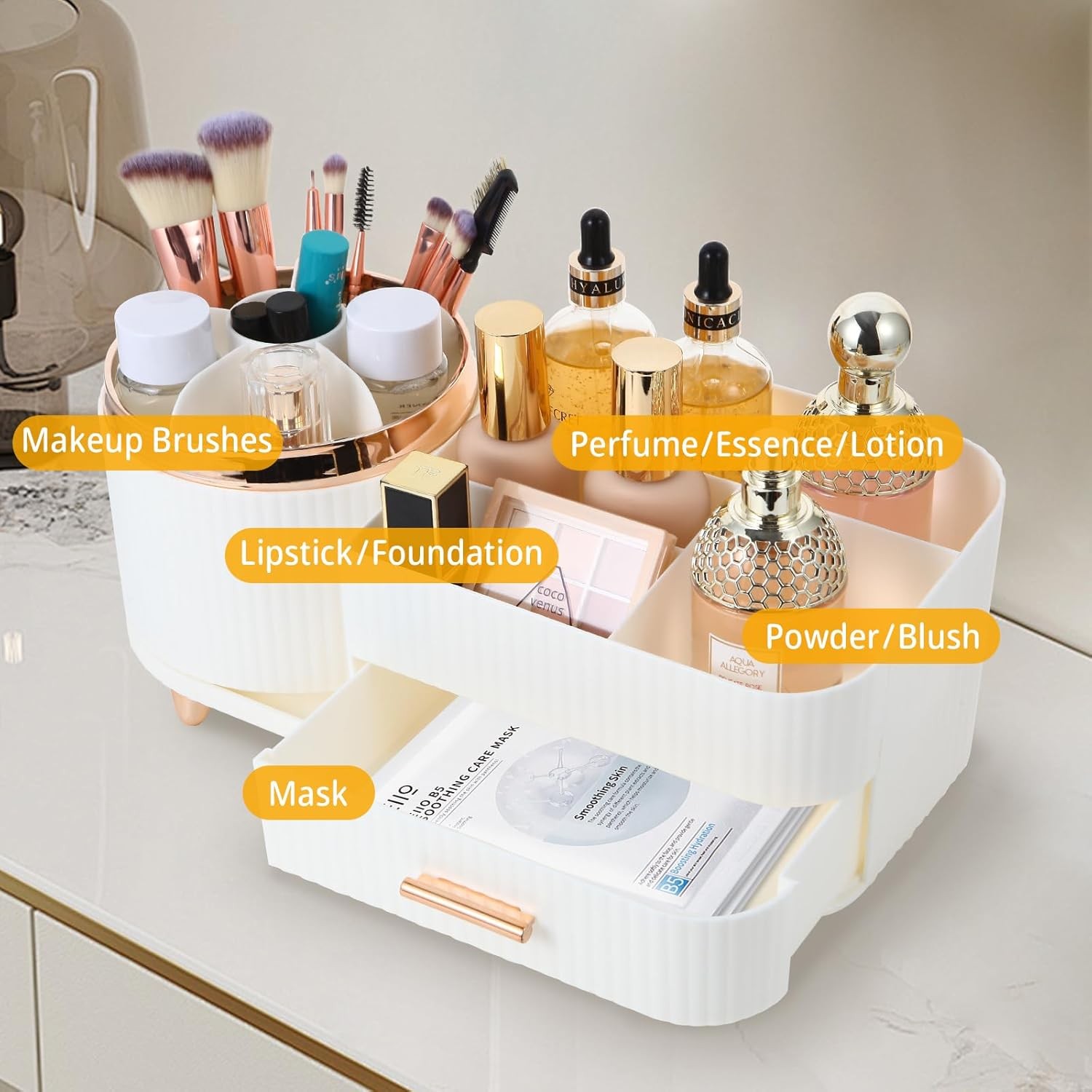 Makeup Organizer Countertop with Drawer 360 Rotating Brush Holder Storage Large