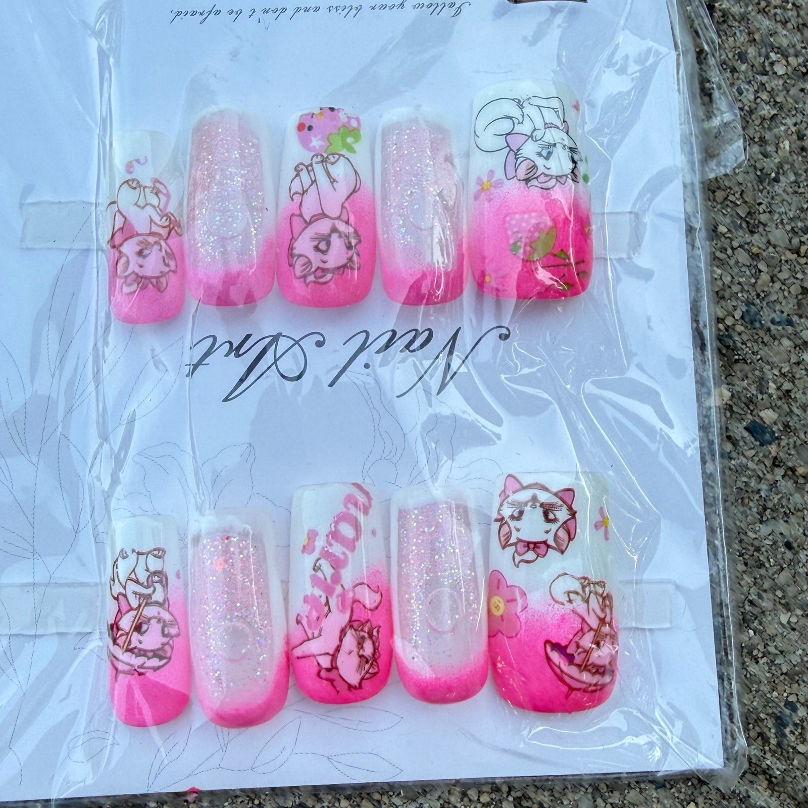 Disney Marie The Aristocats Press On Nails Pink Ombre Moving Glitter Coffin Long
