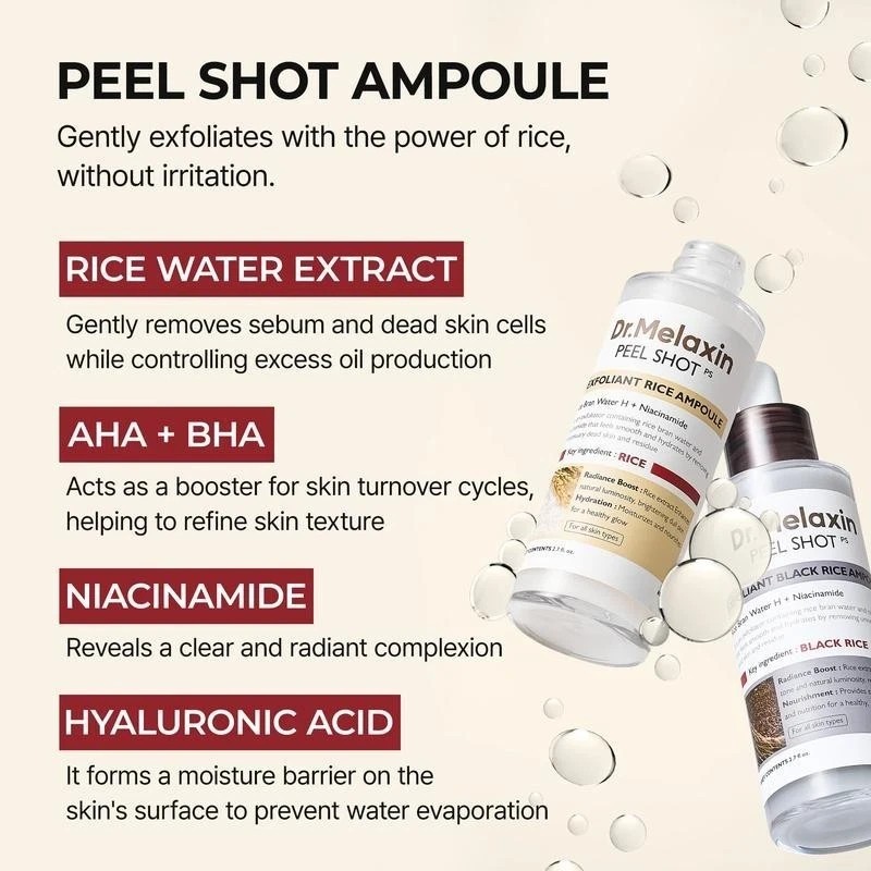 Dr.Melaxin Peel Shot Glow White and Black Rice Ampoule Duo Soft Exfoliating Acid