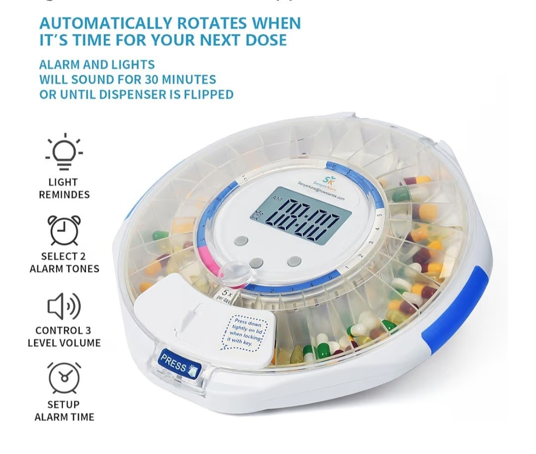 Senyerkare Bluetooth Automatic Pill Dispenser, Lock Compartment, Clear Lid