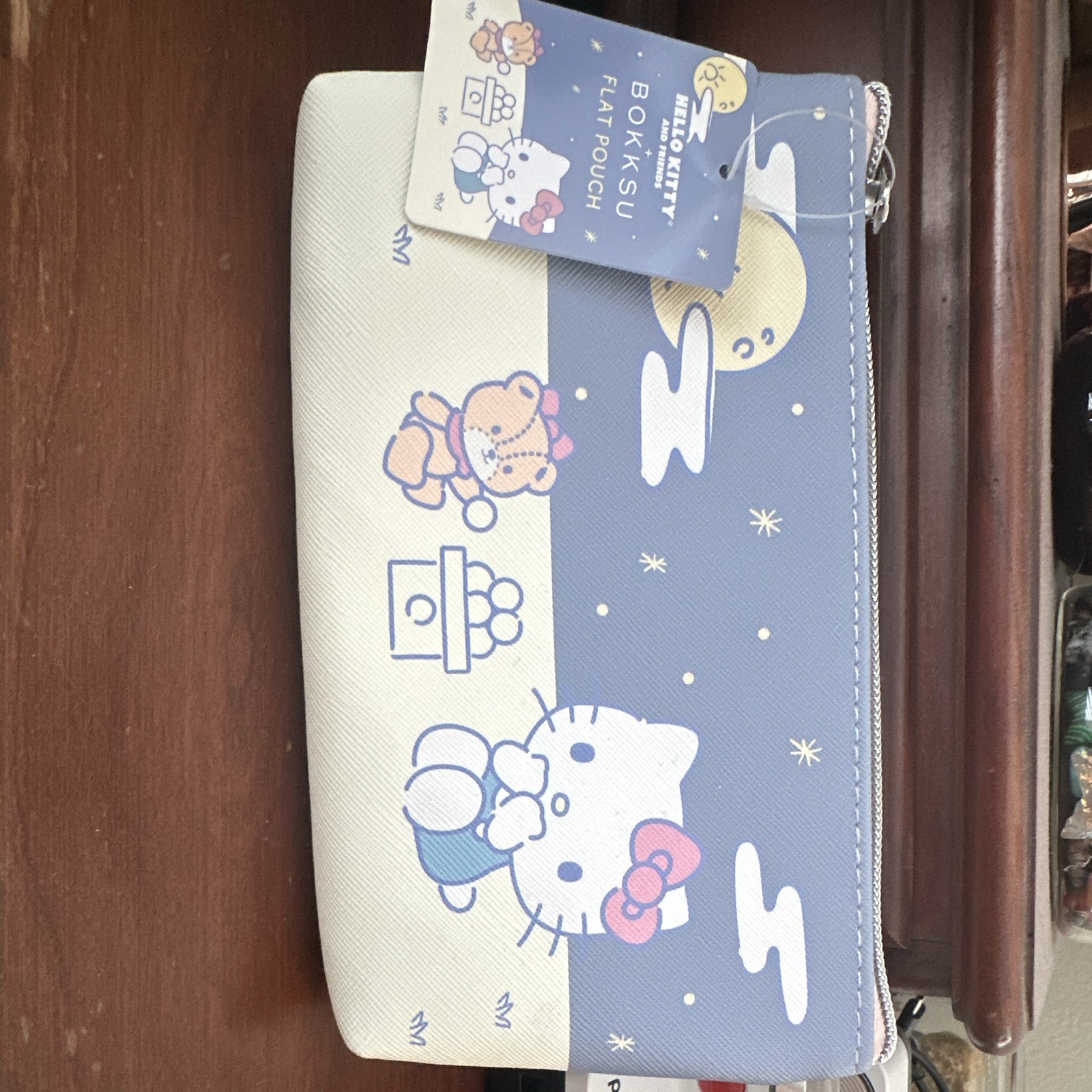 Bokksu Hello Kitty Flat Pouch Makeup Bag Faux Leather Zipper Blue/White 8.25″