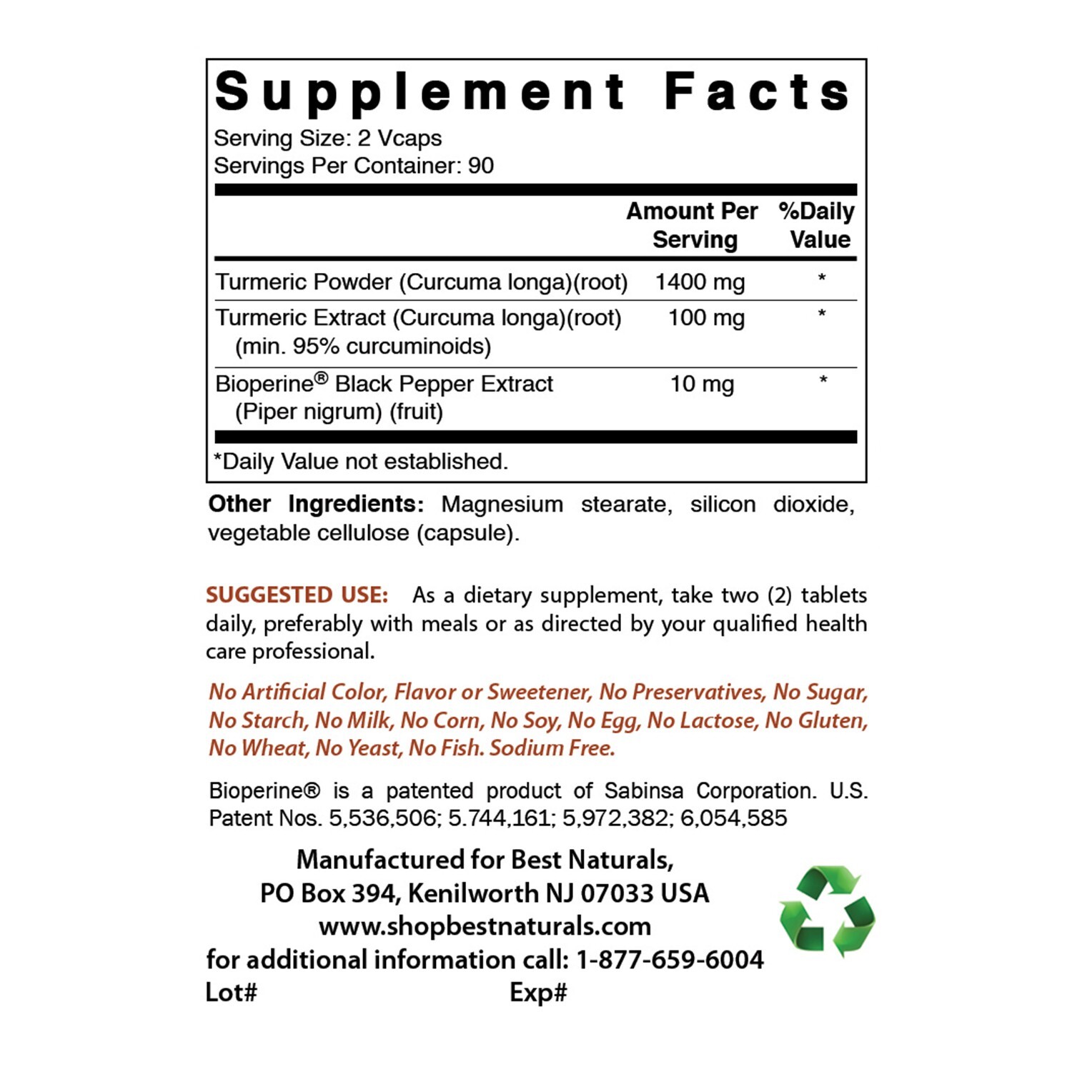 Best Naturals Turmeric Curcumin 1500mg 180 Vegetarian Capsules