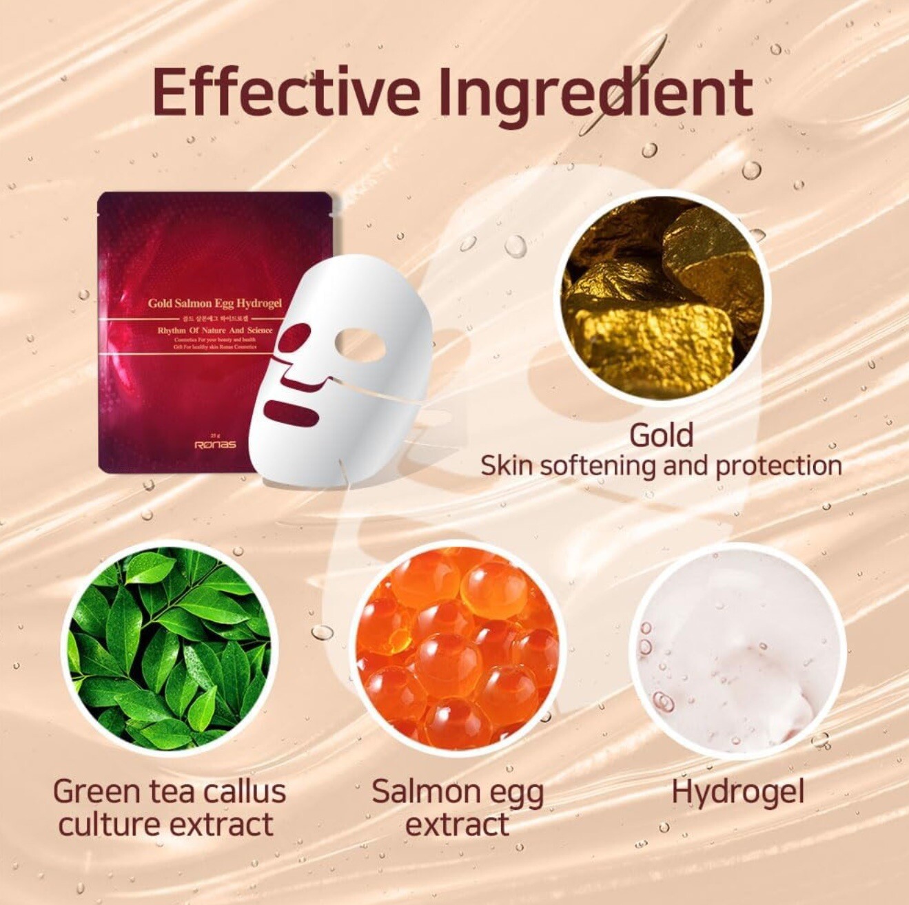 Ronas Gold Salmon Egg Hydrogel Mask Pack 10ea Contains Green Tea Extract, Gold