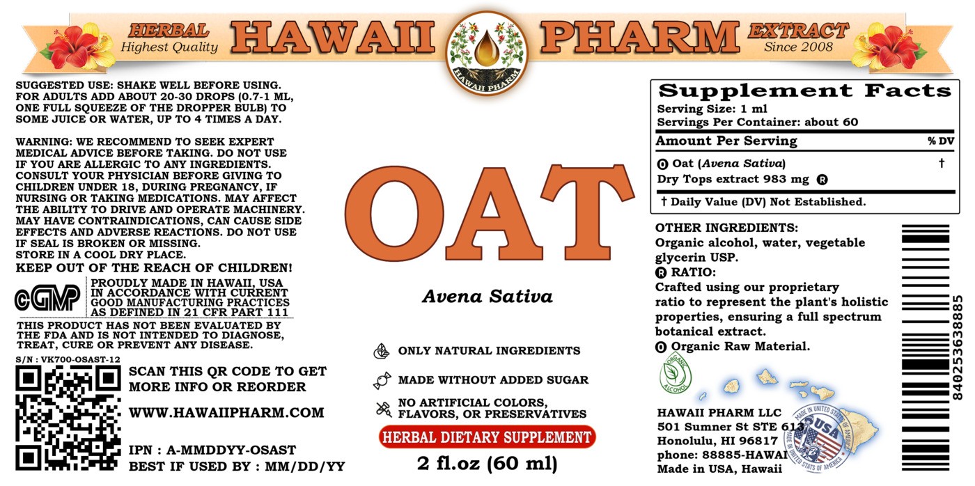 Oat Liquid Extract. Certified Organic Oat (Avena Sativa) Dry Tops Tincture