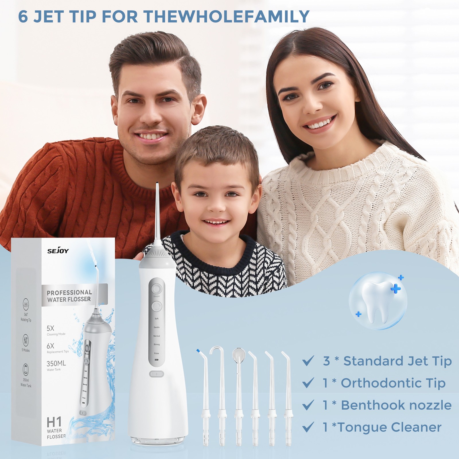 SEJOY Cordless Dental Water Flosser for Teeth Oral Irrigator Travel 6 Jet Tips