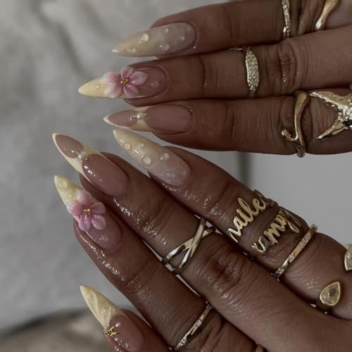 French Tips Press on Nails Medium Almond Fake Nails with 5D Flower Color30