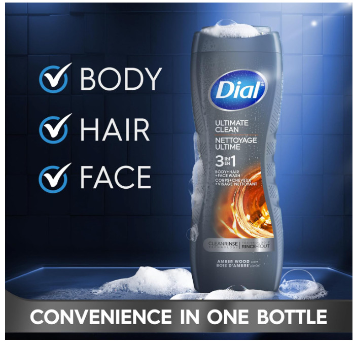 Dial Men 3 in 1 Body, Hair and Face Wash, Ultimate Clean, 16 Fl Oz, Pack of 4, A